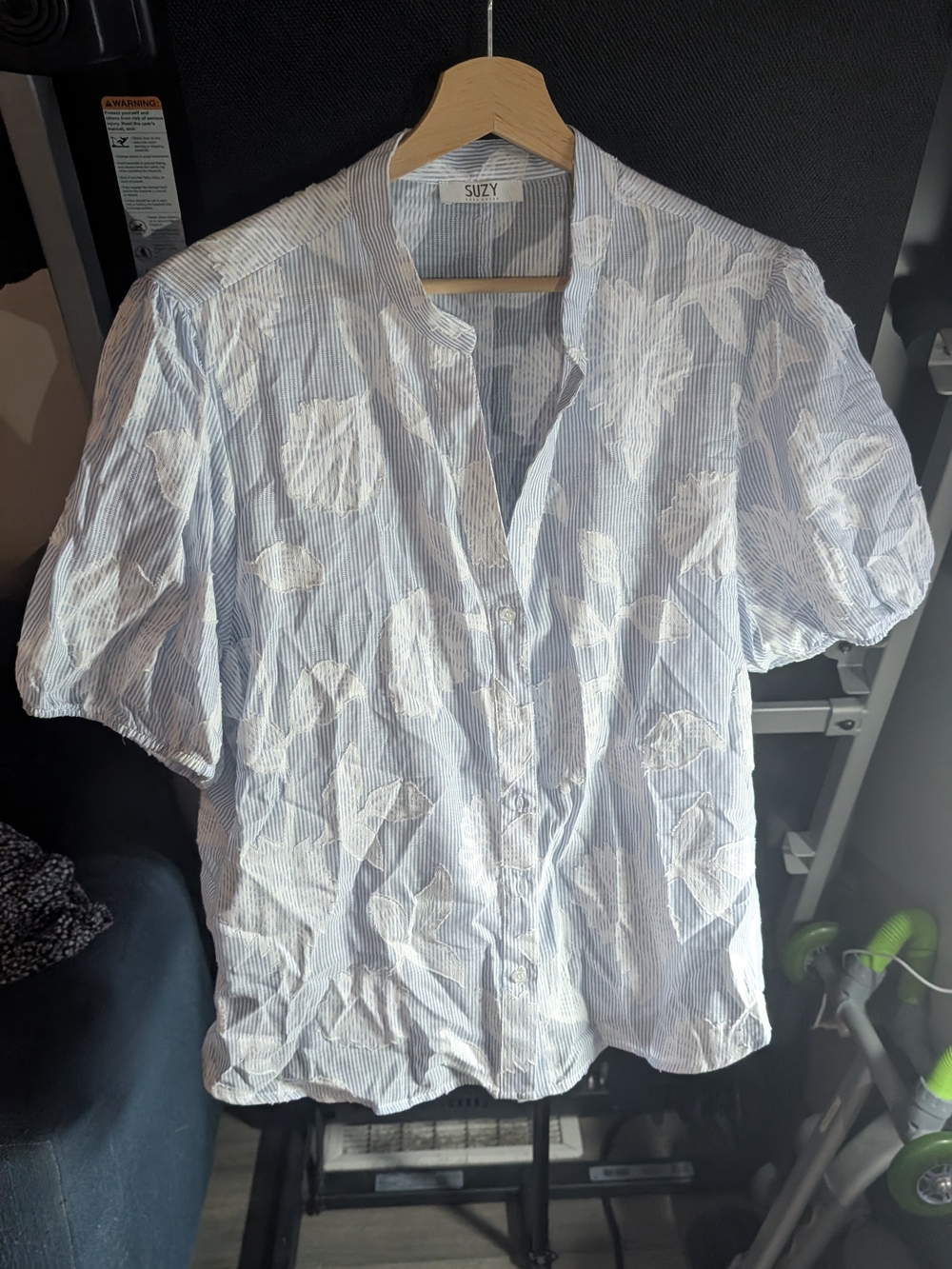 SUZY Light Blue Striped Button-Up Blouse with White Floral Overlay
